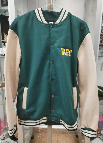 CHAMARRA BEISBOL VERDE C/MANGA BEIGE