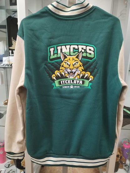 CHAMARRA BEISBOL VERDE C/MANGA BEIGE