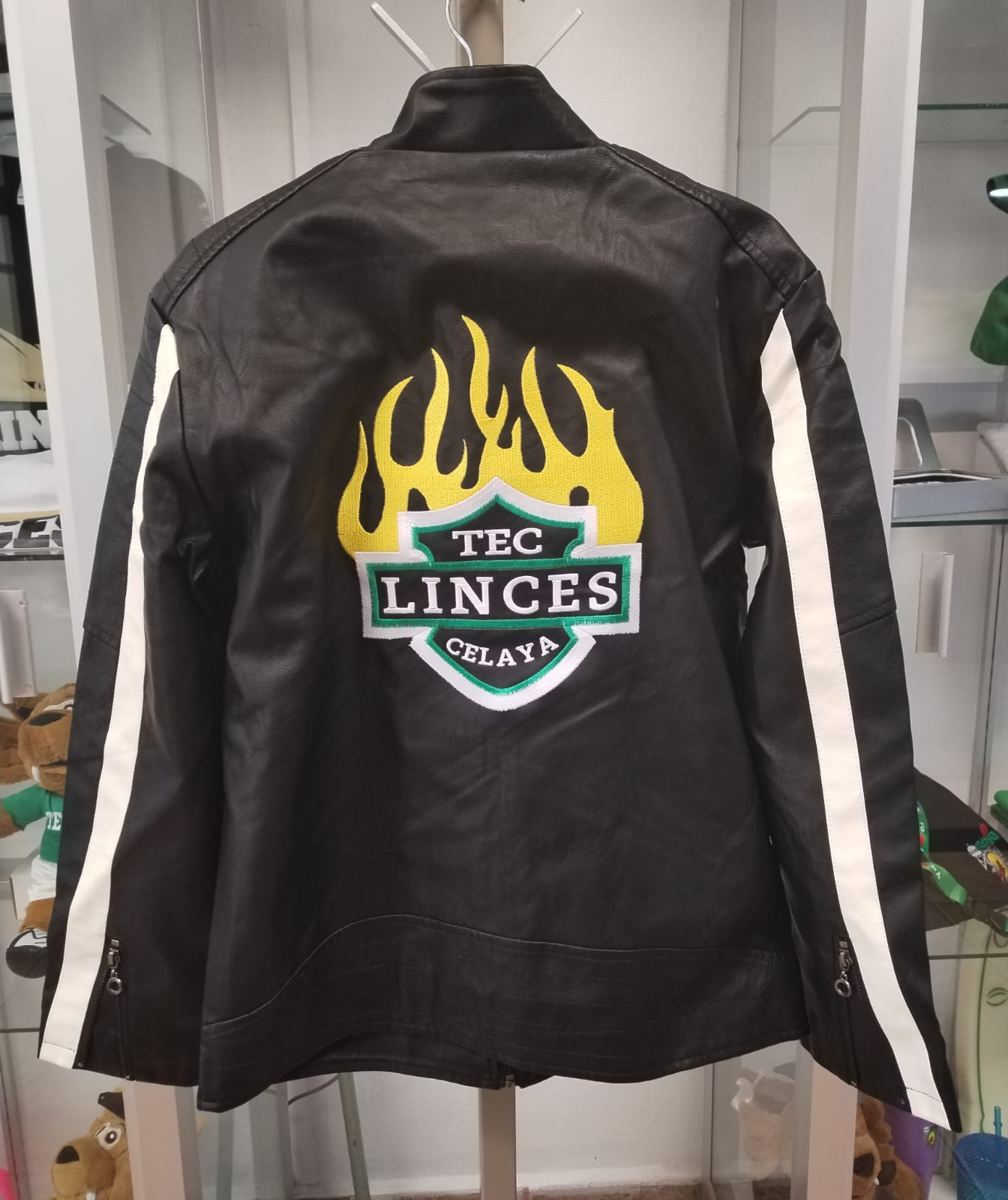 CHAMARRA BIKER BOMBER NEGRA CON LINEAS BLANCAS